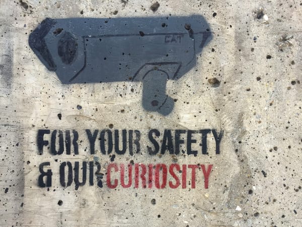 A Grafitti of a sourveillance camera with the text 'FOR YOUR SAFETY & OUR CURIOSITY'